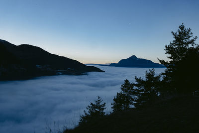 Scenic view of sea and silhouette mountains against sky at sunset