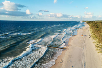 Drone view of sea coastline with sand beach