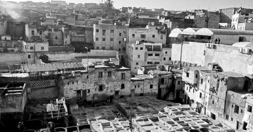 High angle view of old buildings in town