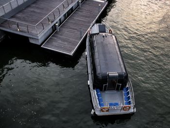 High angle view of ship sailing on river