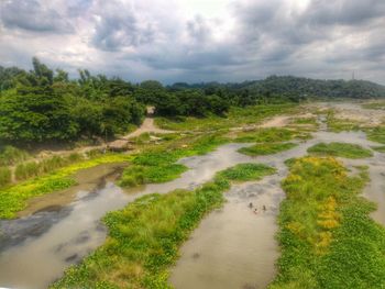 Scenic view of landscape against cloudy sky