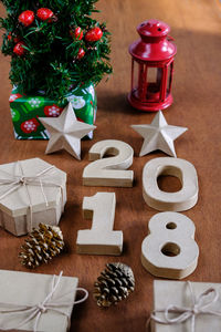 High angle view of christmas decoration on table