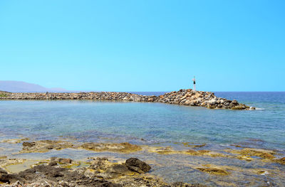 Scenic view of sea against clear blue sky