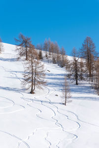 Snow covered field against clear blue sky