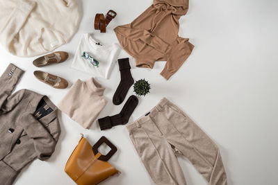 High angle view of christmas decorations on white background