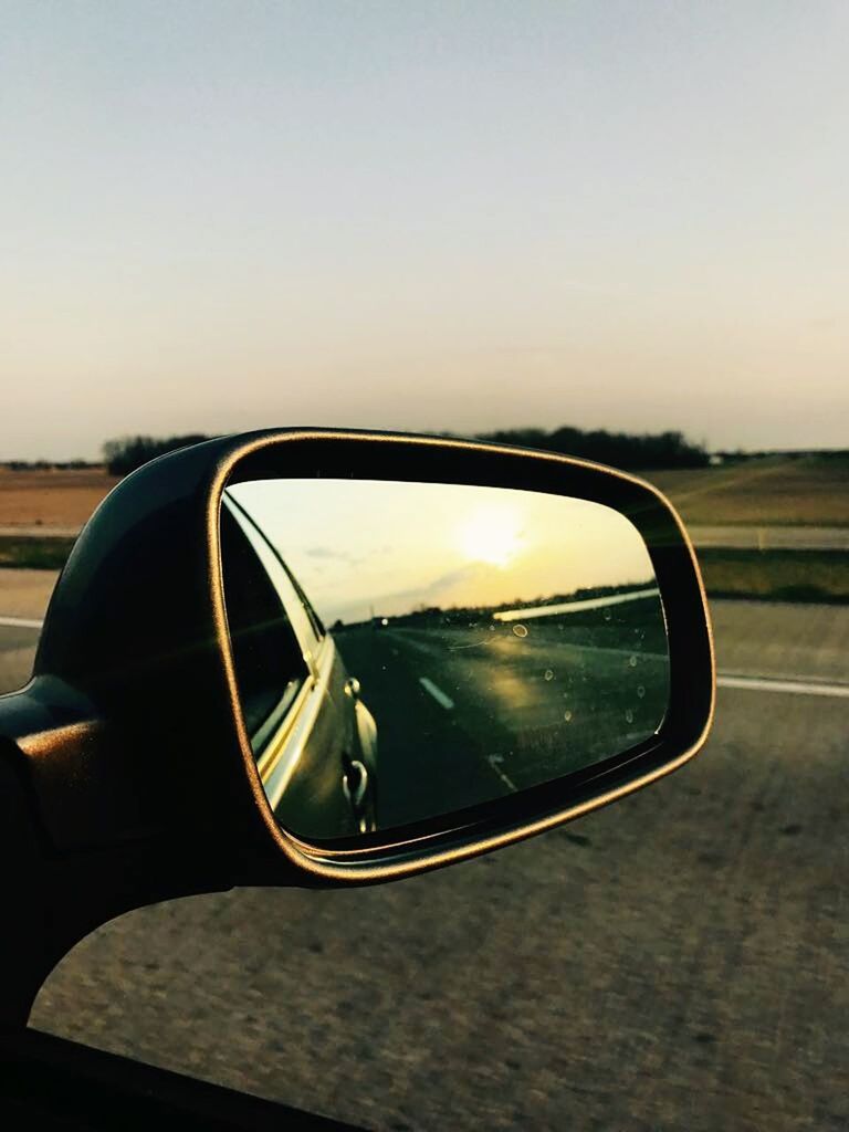 reflection, sunset, car, side-view mirror, transportation, sky, nature, outdoors, vehicle mirror, no people, close-up, day