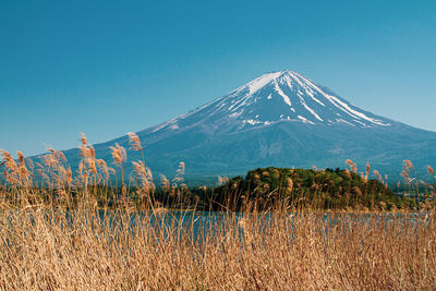 Scenic view of snowcapped mountains against clear blue sky