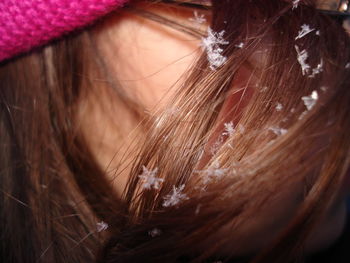 Close-up of snowflake on hair