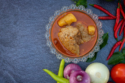 High angle view of fruits in bowl on table