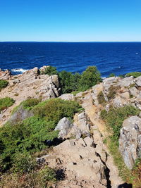 Scenic view of sea against clear blue sky