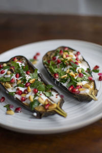 Close-up of cooked aubergine on plate