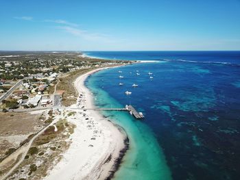 High angle view of beach against blue sky