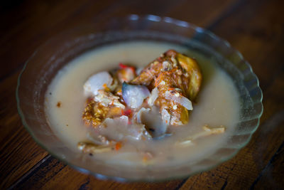 High angle view of food in bowl on table