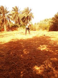 Man walking on field against clear sky