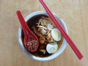 High angle view of food in bowl on table