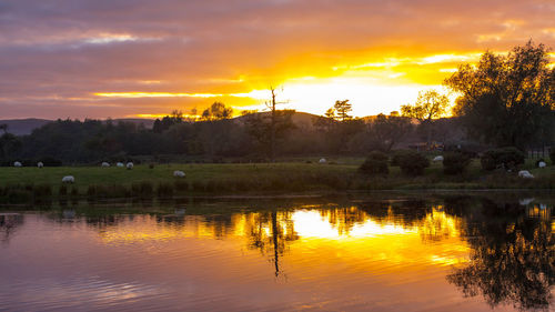 Scenic view of lake against orange sky