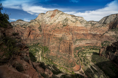 High angle shot of rocky mountains against sky