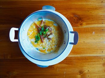 High angle view of soup in bowl on table