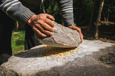 Close-up of man preparing food on rock