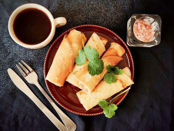 High angle view of breakfast on table