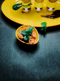 High angle view of food served on table