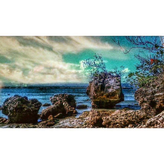 sea, transfer print, water, horizon over water, sky, beach, auto post production filter, shore, scenics, tranquility, tranquil scene, cloud - sky, beauty in nature, nature, rock - object, tree, cloud, coastline, blue, outdoors