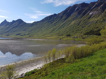 Scenic view of lake and mountains against sky