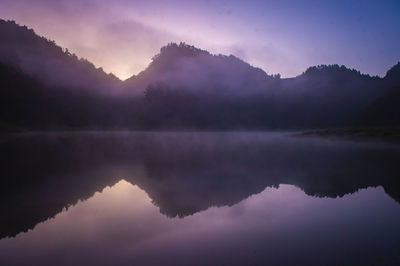 Scenic view of lake against sky during sunset