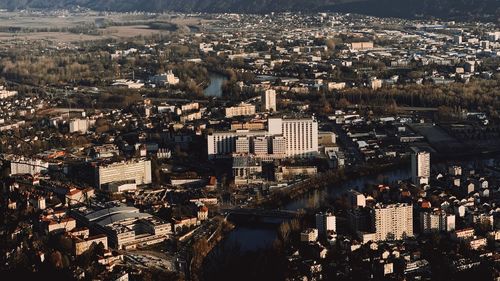 High angle view of illuminated city buildings