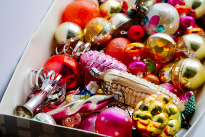 High angle view of multi colored candies on table