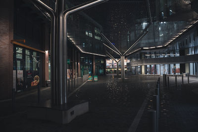 Railroad station platform at night