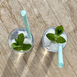High angle view of ice cream in glass on table
