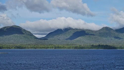 Scenic view of lake and mountains against sky