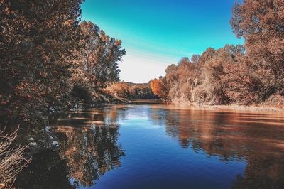 Scenic view of lake against clear blue sky