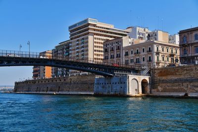 Bridge over river with buildings in background