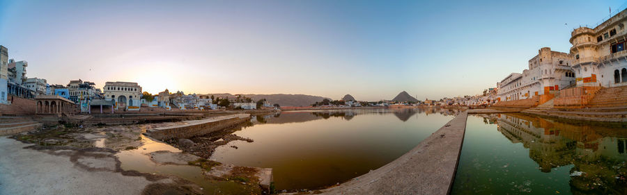 Panorama of pushkar lake at dawn,  a sacred lake of the hindus known as tirtha-raj 