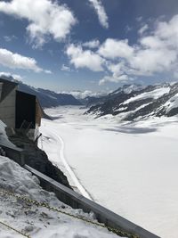 Scenic view of snow covered mountains against sky