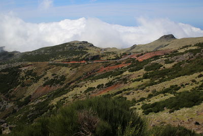 Scenic view of mountains against cloudy sky