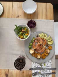 High angle view of food served on table