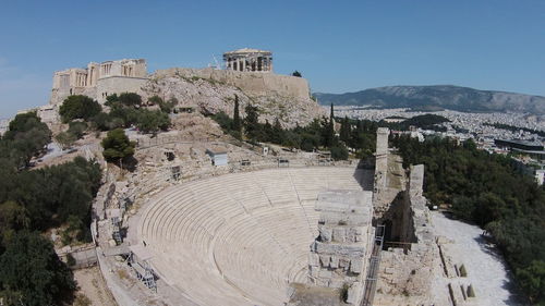 High angle of town with abandoned amphitheater in foreground