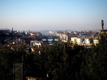 High angle view of cityscape against clear sky