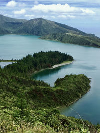 Scenic view of lake and mountains against sky