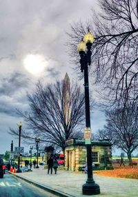 Statue of bare tree against cloudy sky