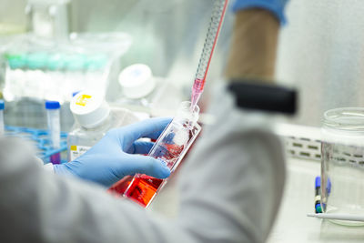 Midsection of scientist examining chemical in laboratory