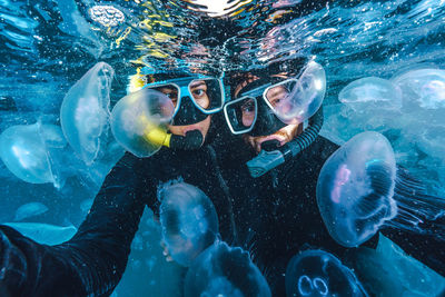 Two people are underwater with jellyfish surrounding them. s