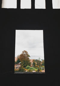 Silhouette trees by building against sky seen through window