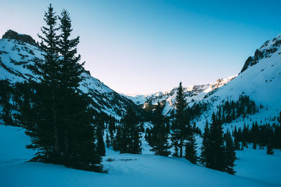 Scenic view of snow covered mountains against clear blue sky
