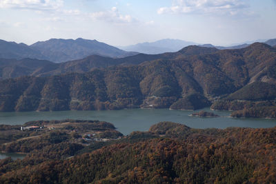 Scenic view of lake and mountains against sky