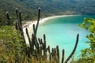 High angle view of beach by sea against sky