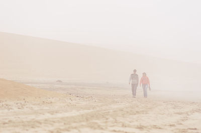 Rear view of man walking on desert against sky